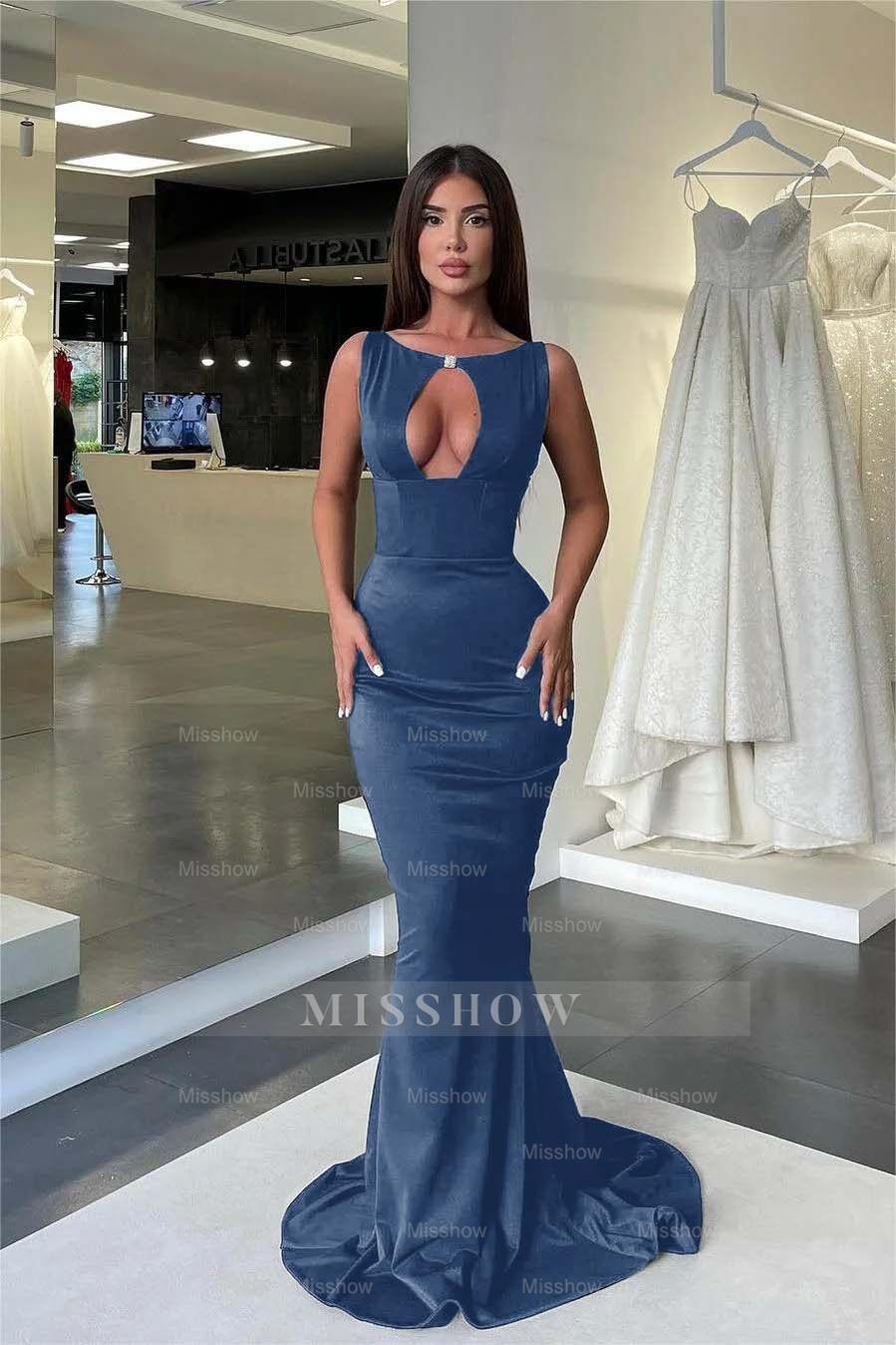 Jewel Neck Sleeveless High Waist Mermaid Formal Dress With Pleated