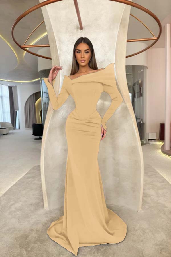 Off the Shoulder Long Sleeves Long Mermaid Formal Dress With Pleated