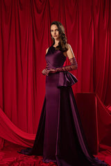 One Shoulder Sleeveless Pleated Long Formal Dress With Long Gloves