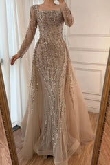 Square Neck Long Sleeves Long Mermaid Formal Dress With Beading Tulle