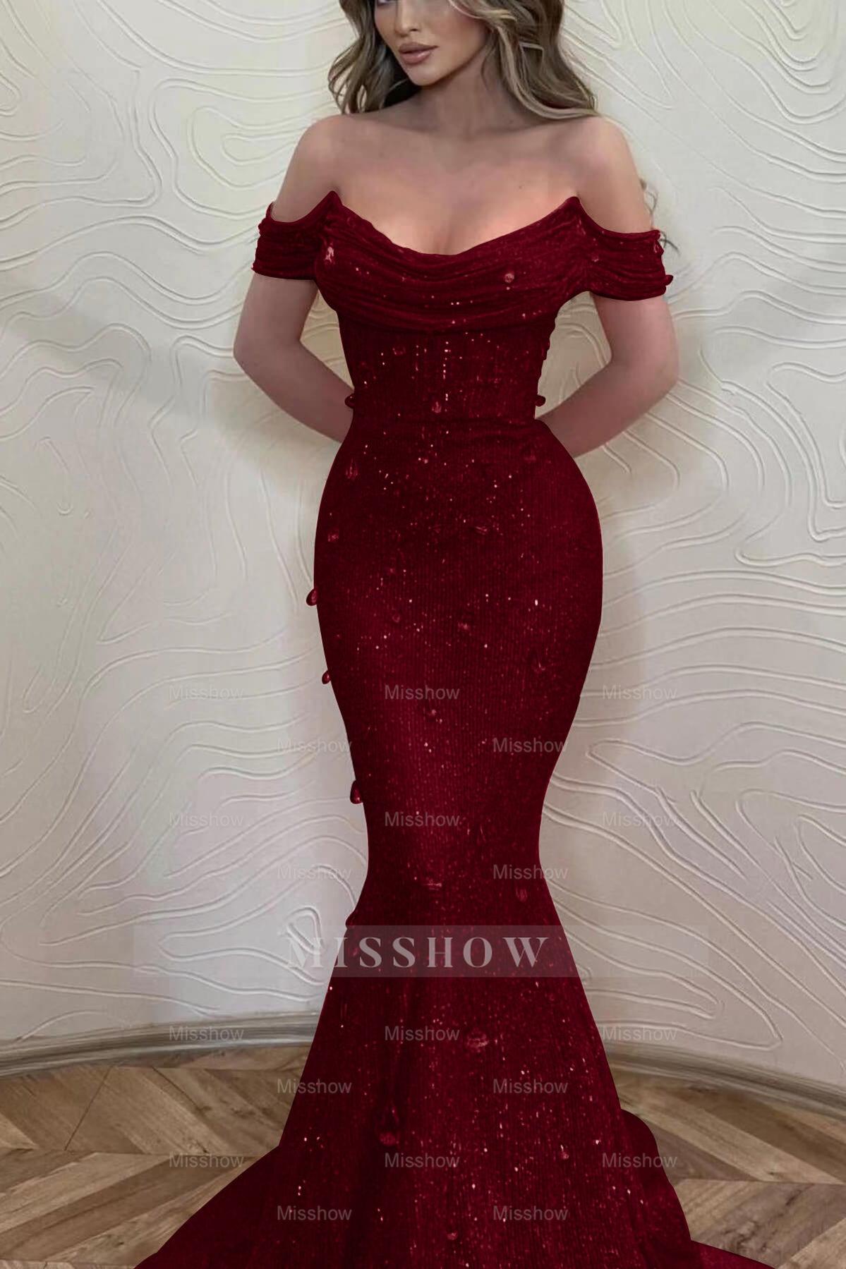 Orange Off the Shoulder Strapless Sleeveless Formal Dress With Sequins Mermaid