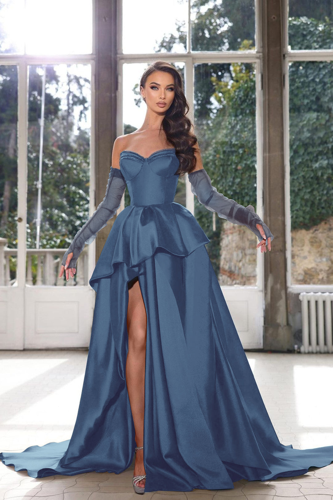 Glamorous Half Sleeves Ink Blue Formal Dress Strapless With High Split Gown