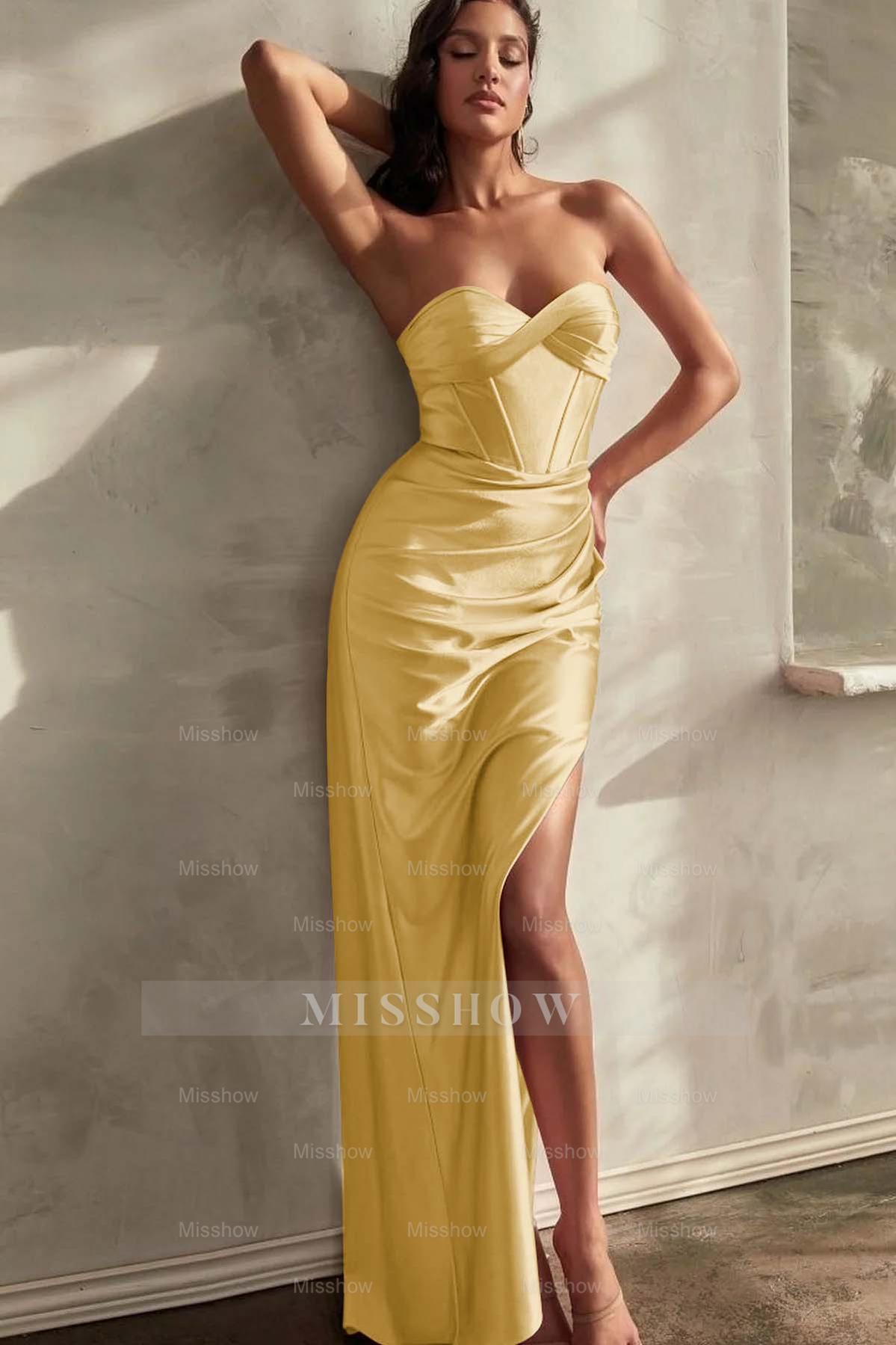 Strapless Sleeveless Long Mermaid Split Formal Dress With Pleated