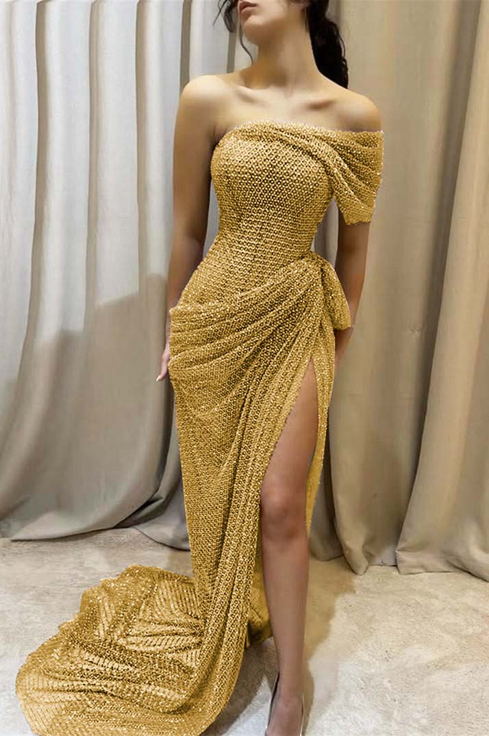 One Shoulder Sleeveless Long Mermaid Formal Dress With Split Pleated