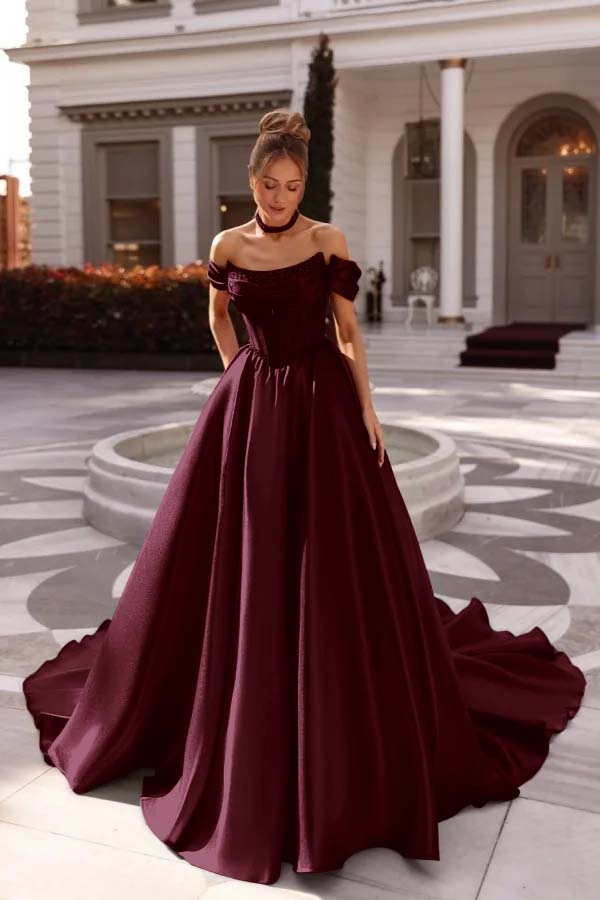 Off the Shoulder Sleeveless Long Formal Dress With Pleated Beading