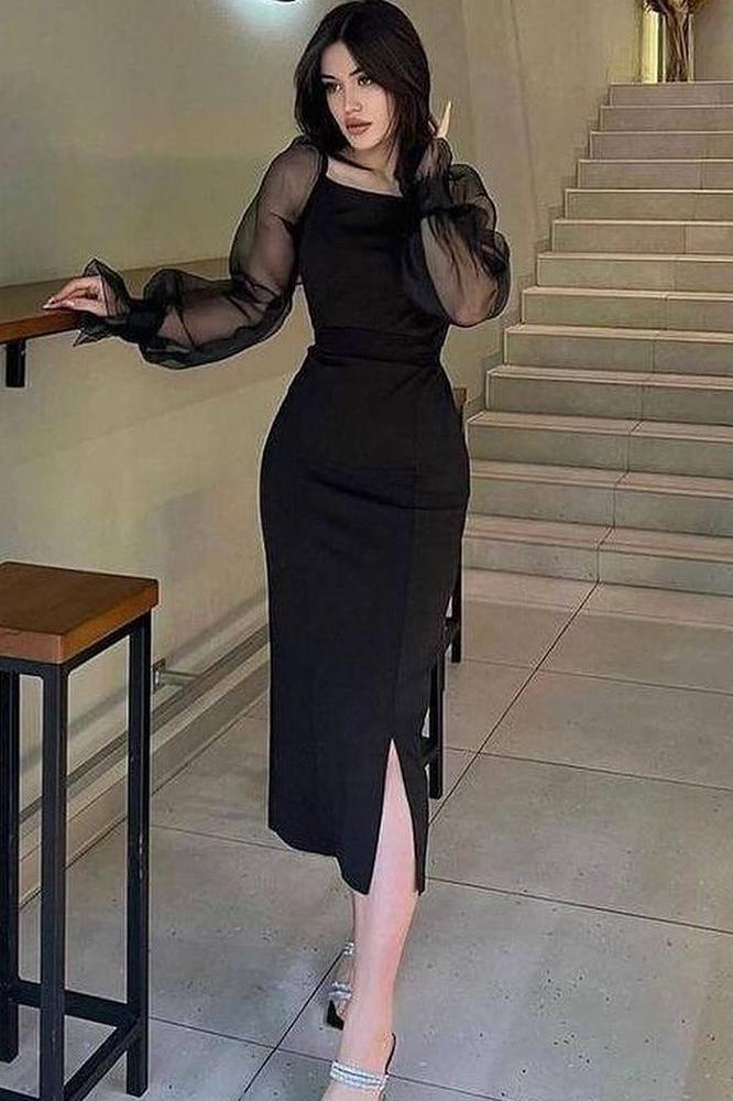Charming Black Square Neck Long Sleeves Side Split Formal Dress With Beadings
