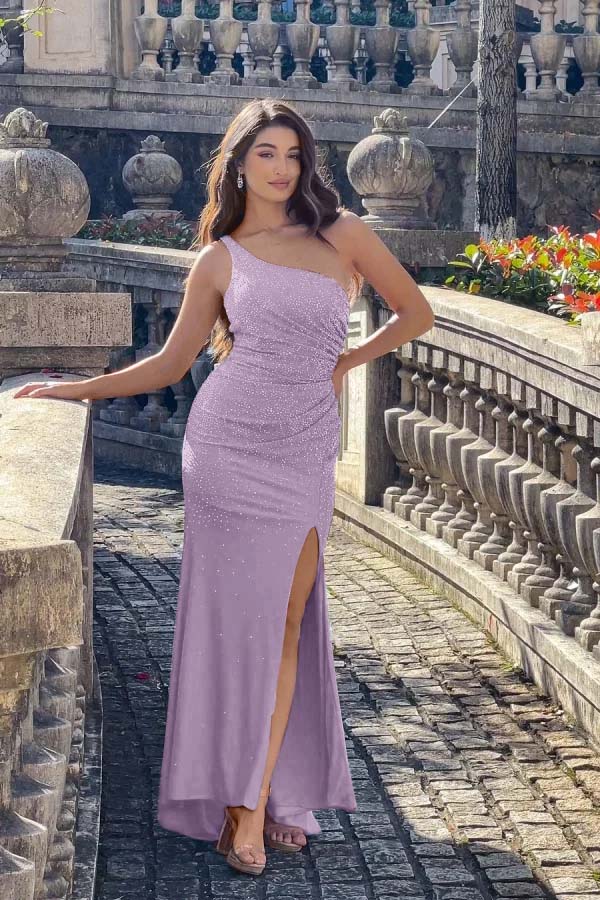 One Shoulder Sleeveless Long Mermaid Formal Dress With Split Beading