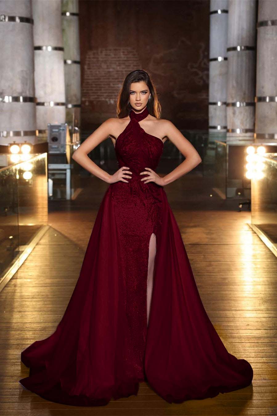 Purple Halter Mermaid Formal Dress Tulle Ruffles With Split Appliques