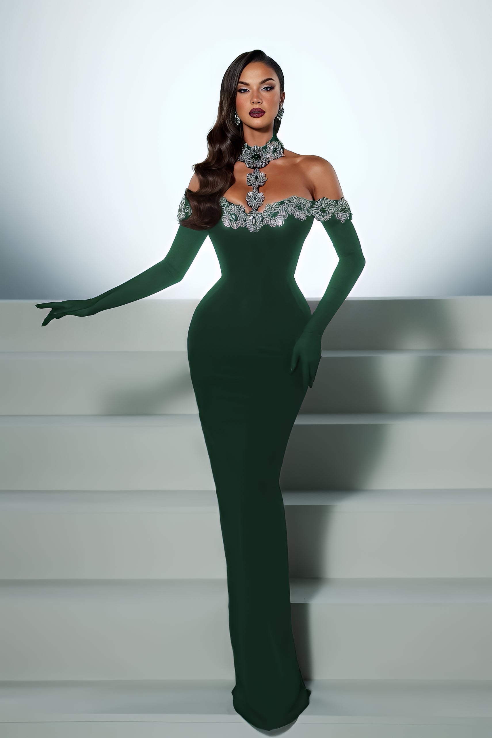 Halter Off the Shoulder Long Sleeves Long Mermaid Formal Dress With Beading