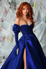 Off the Shoulder Long Sleeves Split Long Formal Dress With Beading