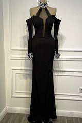 Halter Off the Shoulder Long Sleeves Mermaid Long Formal Dress With Beading