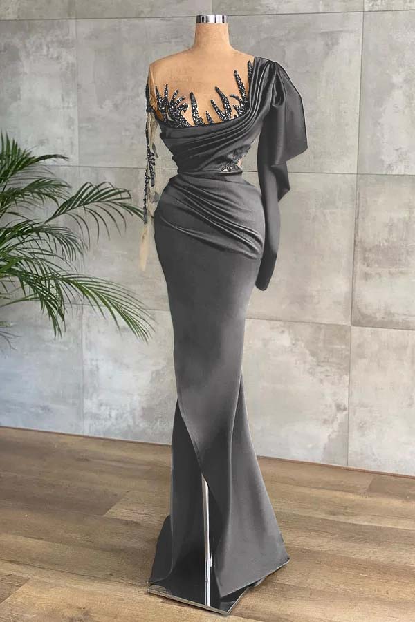 Green Long Sleeves Mermaid Side Split Formal Dress With Appliques