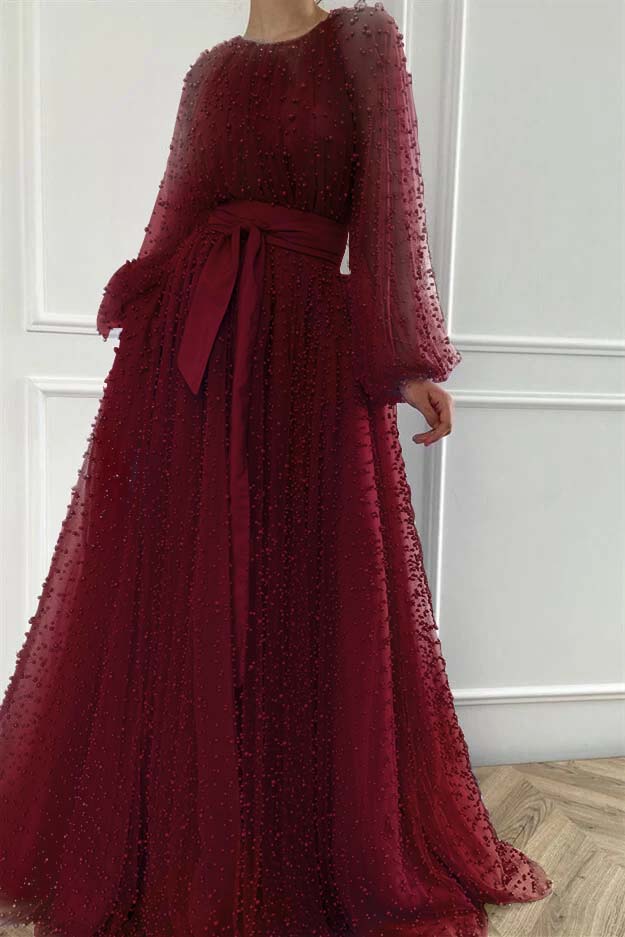 Long Sleeves Long Jewel Neck Formal Dress With Pleated Beading