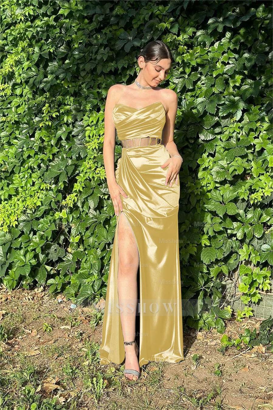 Strapless Sleeveless Long Mermaid Formal Dress With Pleated Split