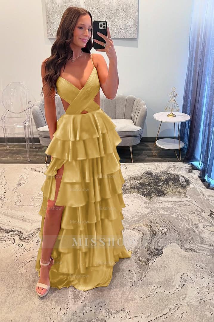 Spaghetti Strap Sleeveless Long Split Formal Dress With Ruffles
