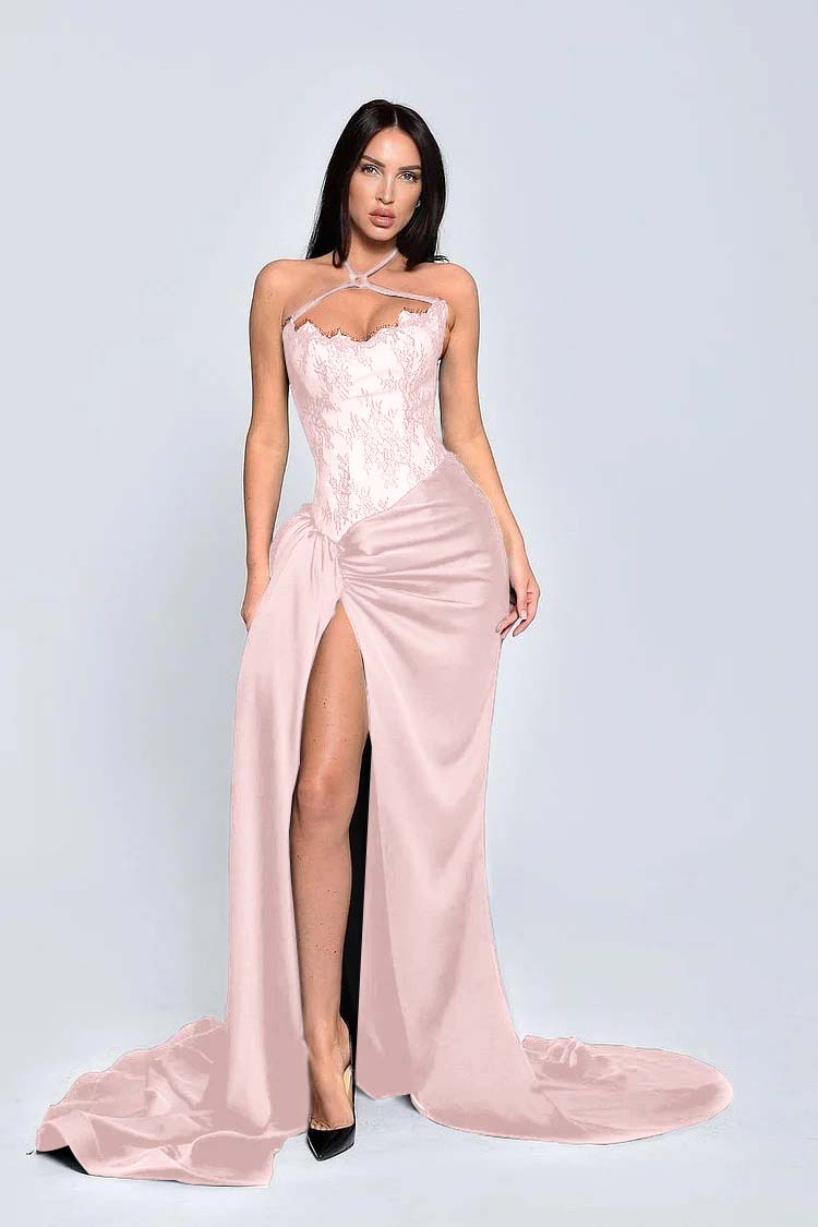 Black Halter Sleeveless Appliques Long Formal Dress With High Split