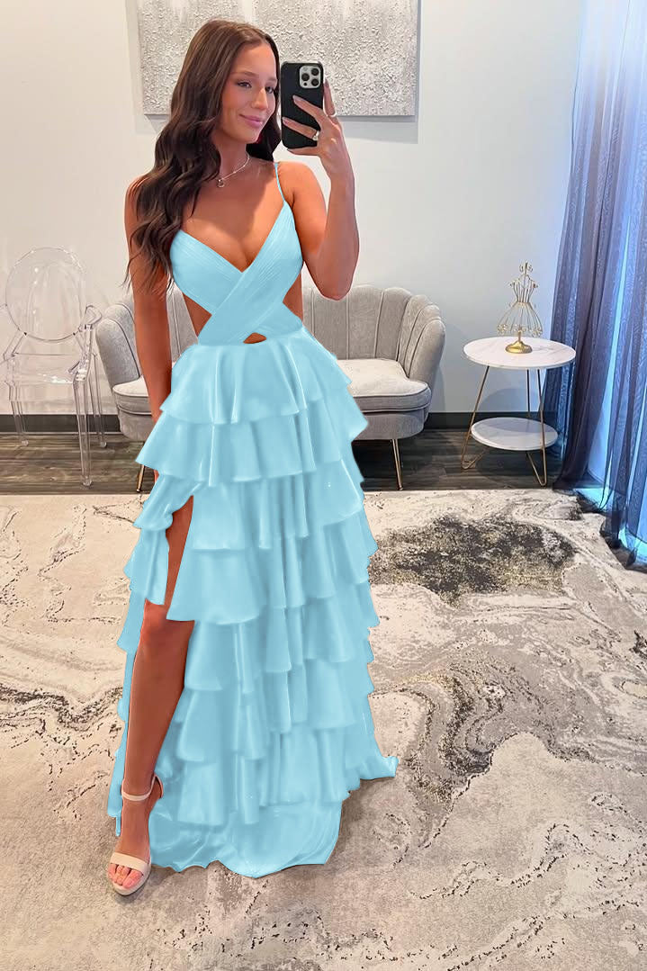 Spaghetti Strap Sleeveless Long Split Formal Dress With Ruffles