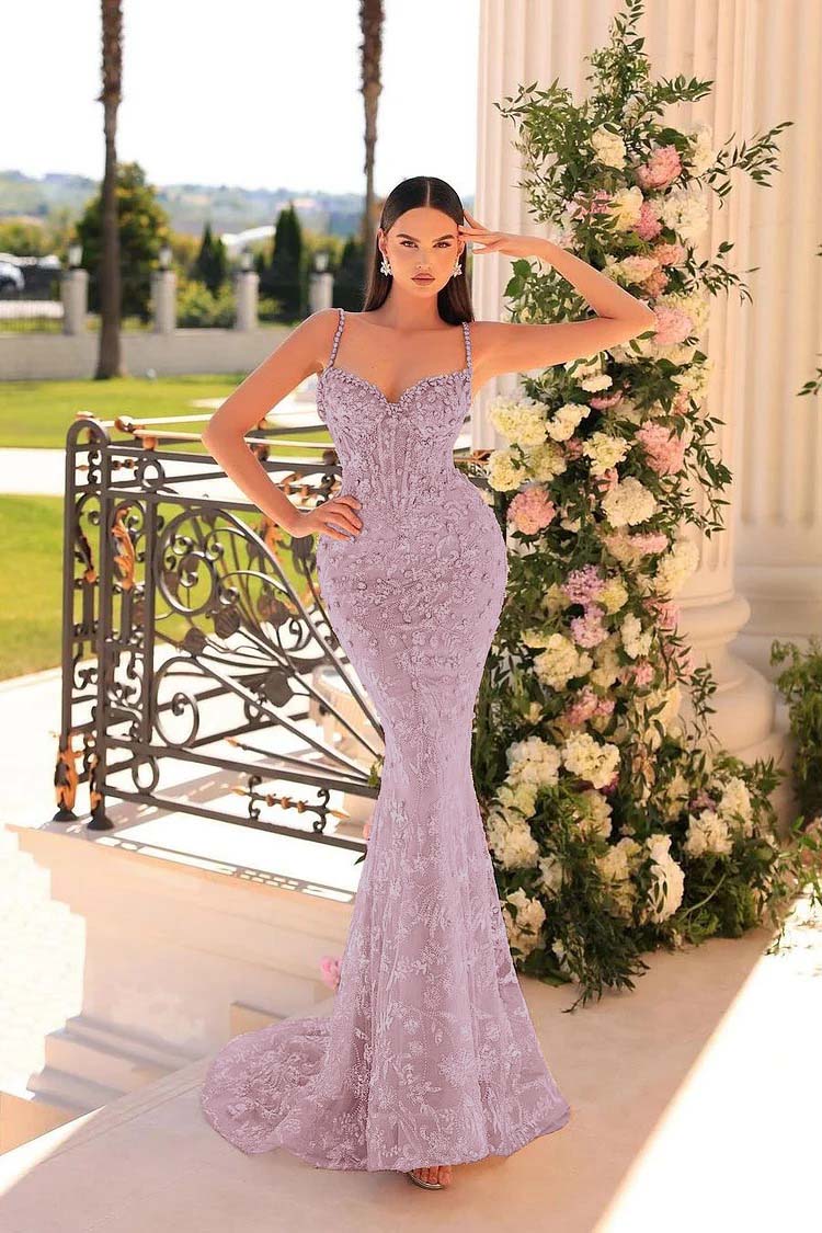 Spaghetti Strap Sleeveless Mermaid Appliques Long Formal Dress With Beadings