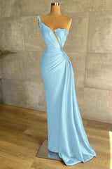 One Shoulder Sleeveless Mermaid Split Long Formal Dress With Beading