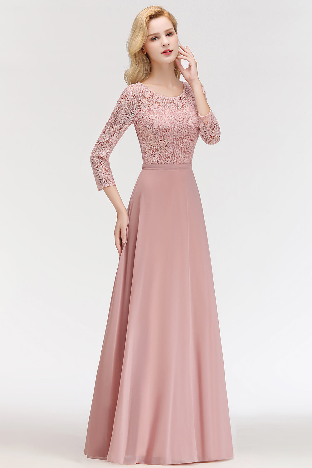 Elegant 3/4 Sleeves Lace Long Dusty Rose Bridesmaid dresses