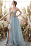 Elegant A-line Blue V-neck Spaghetti Straps Split Front Beading Prom Dress-misshow.com