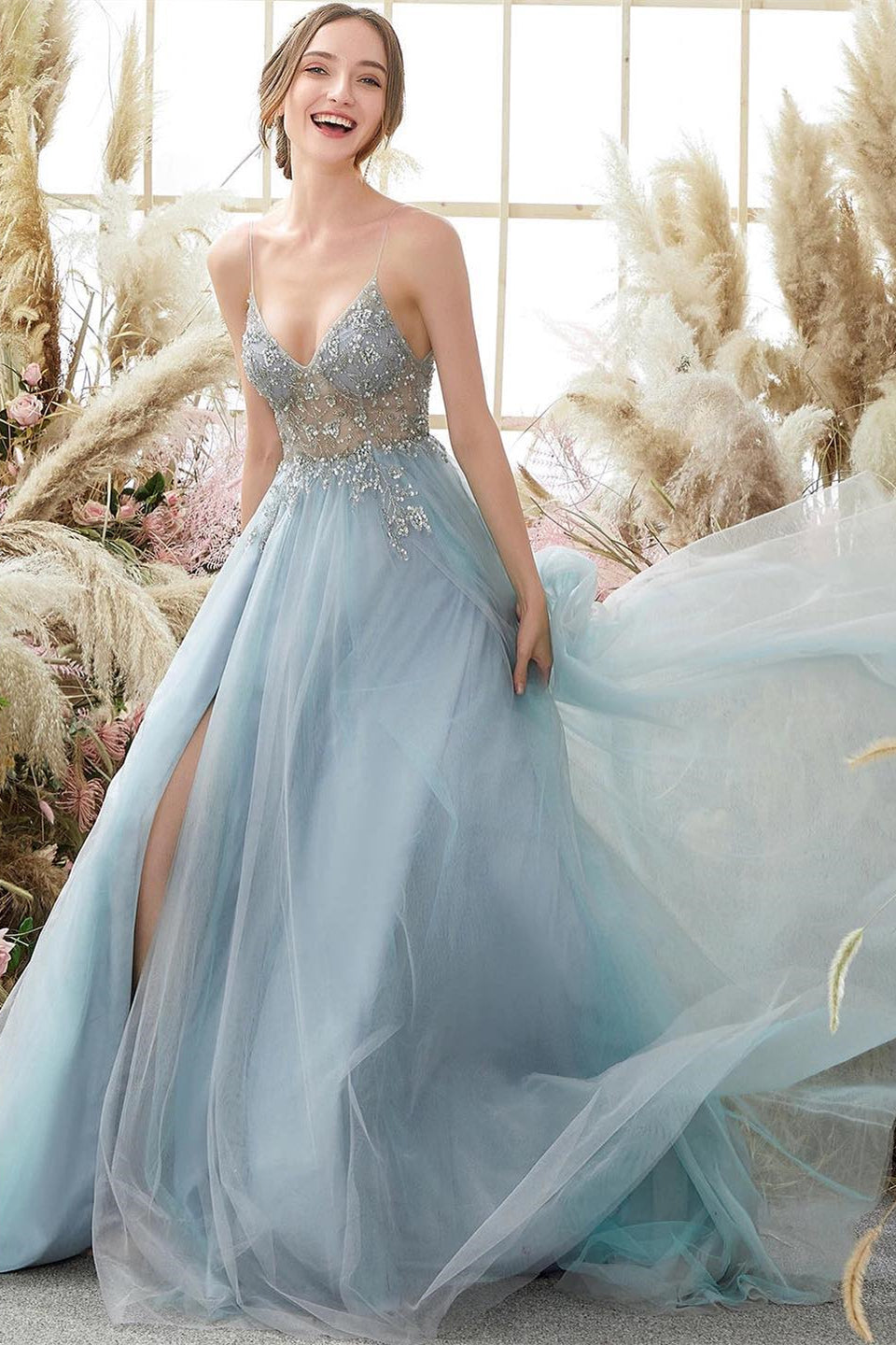 Elegant A-line Blue V-neck Spaghetti Straps Split Front Beading Prom Dress-misshow.com