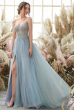 Elegant A-line Blue V-neck Spaghetti Straps Split Front Beading Prom Dress