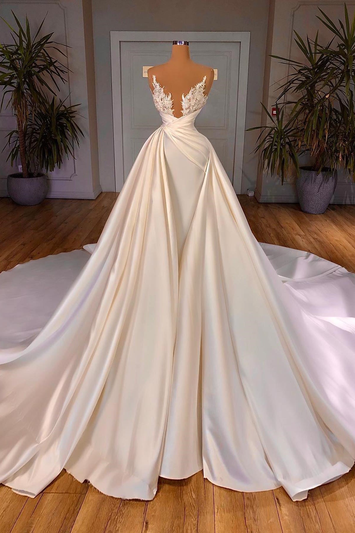 Elegant A-Line Cathedral Sleeveless V-neck Long Wedding Dress-misshow.com