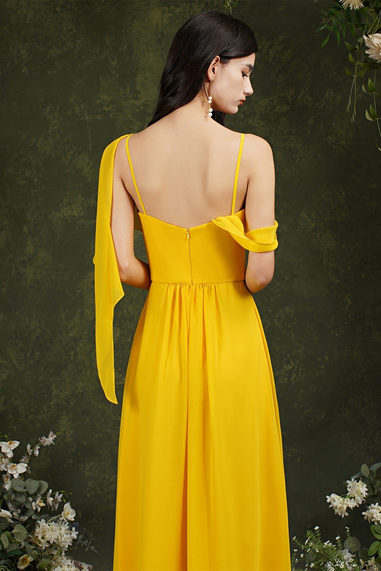 Elegant A-line Chiffon Ruffles Floor-length Split Bridesmaid Dress With Pockets-misshow.com