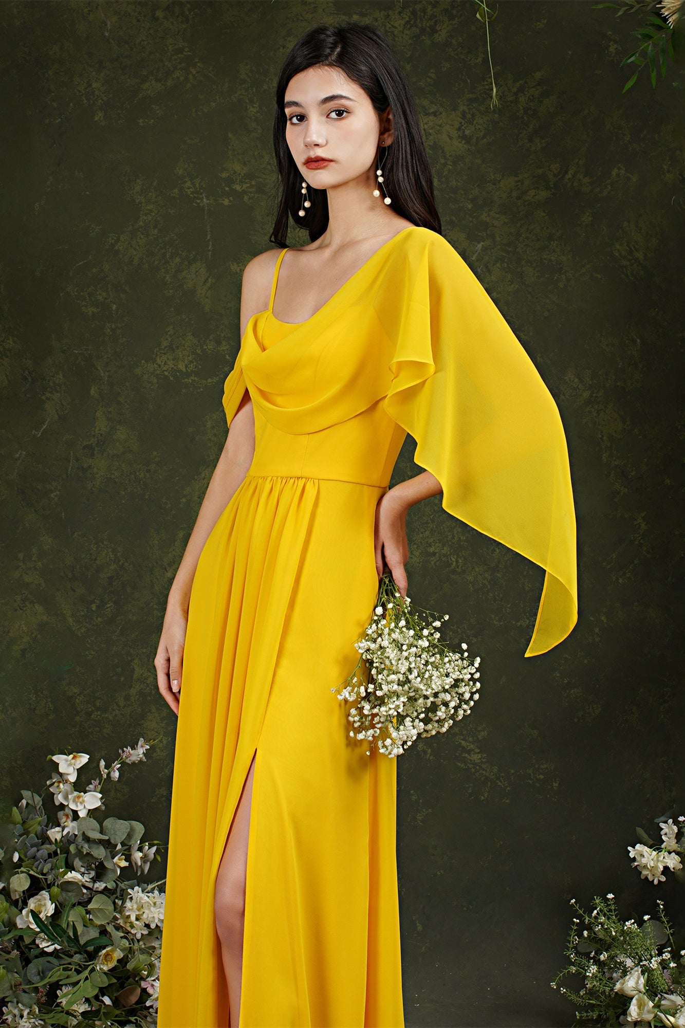 Elegant A-line Chiffon Ruffles Floor-length Split Bridesmaid Dress With Pockets-misshow.com