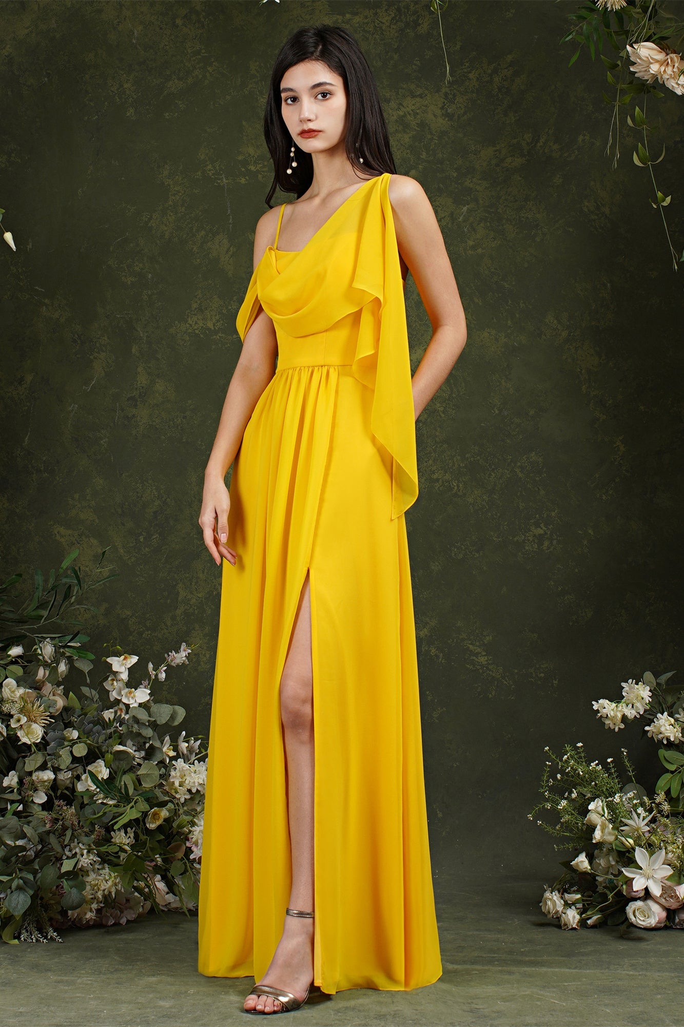Elegant A-line Chiffon Ruffles Floor-length Split Bridesmaid Dress With Pockets-misshow.com