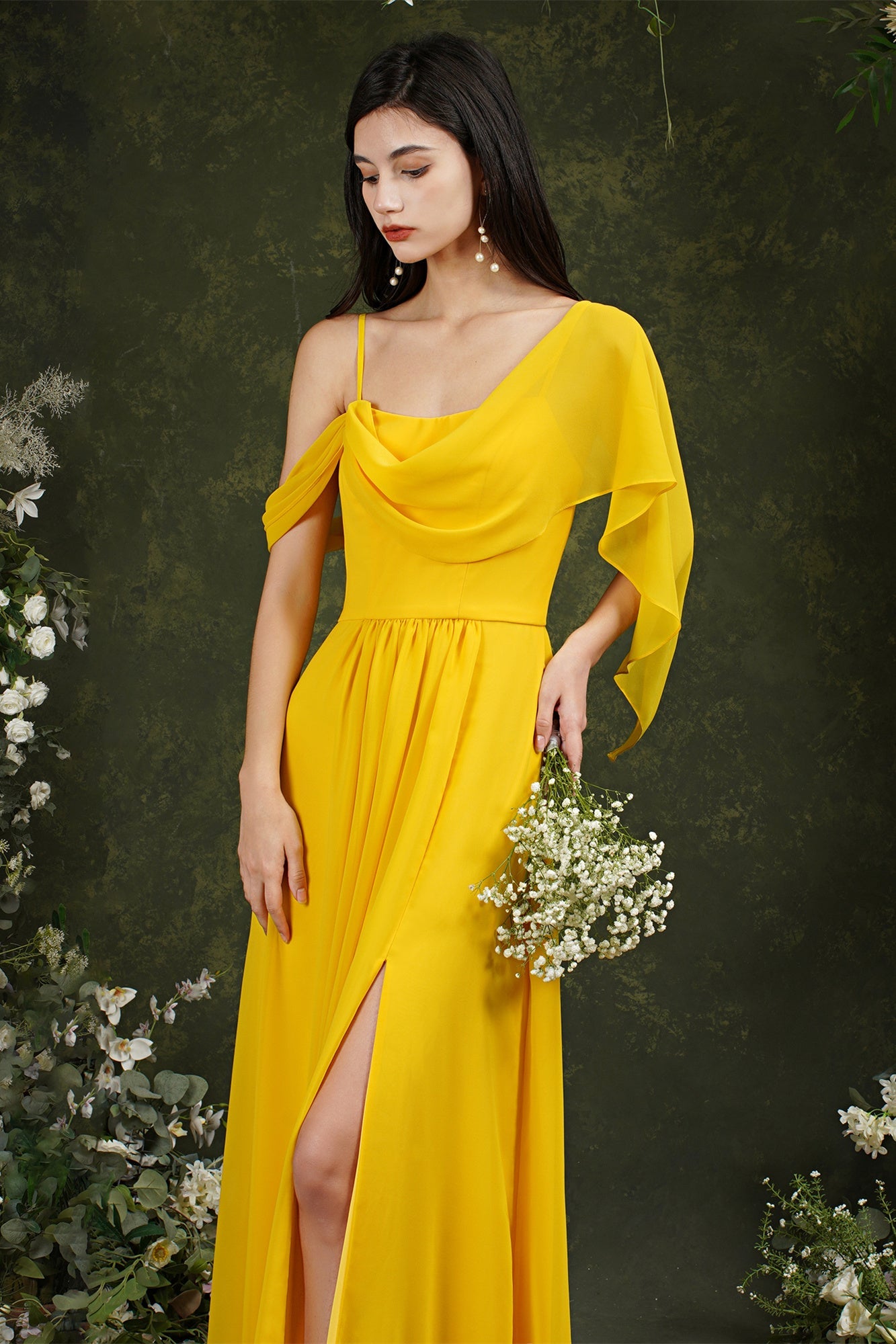 Elegant A-line Chiffon Ruffles Floor-length Split Bridesmaid Dress With Pockets-misshow.com