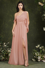 Elegant A-line Chiffon Ruffles Floor-length Split Bridesmaid Dress With Pockets-misshow.com