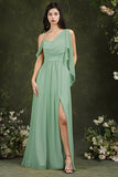 Elegant A-line Chiffon Ruffles Floor-length Split Bridesmaid Dress With Pockets-misshow.com