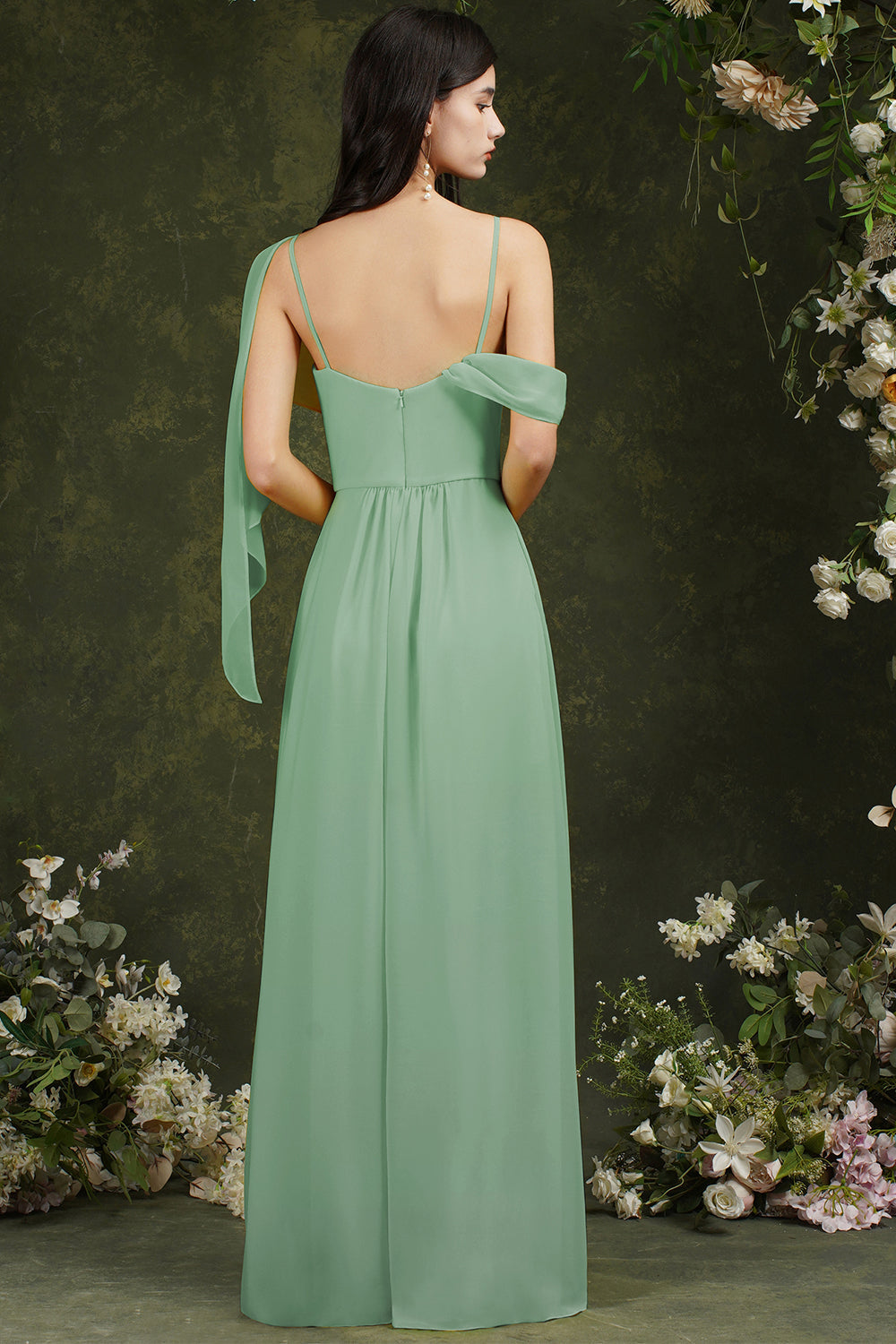Elegant A-line Chiffon Ruffles Floor-length Split Bridesmaid Dress With Pockets-misshow.com