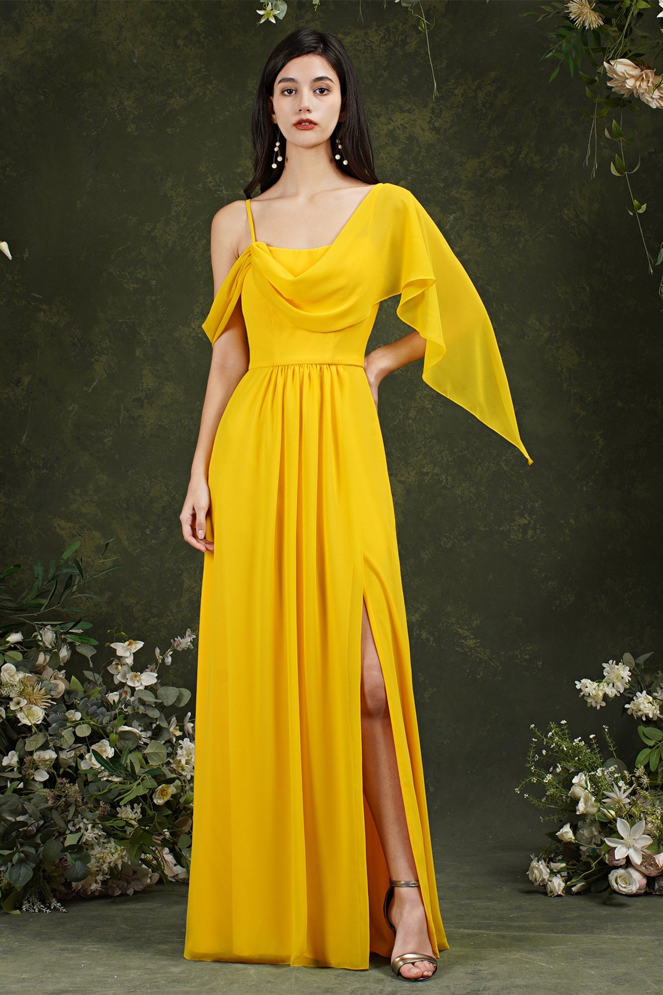 Elegant A-line Chiffon Ruffles Floor-length Split Bridesmaid Dress With Pockets-misshow.com