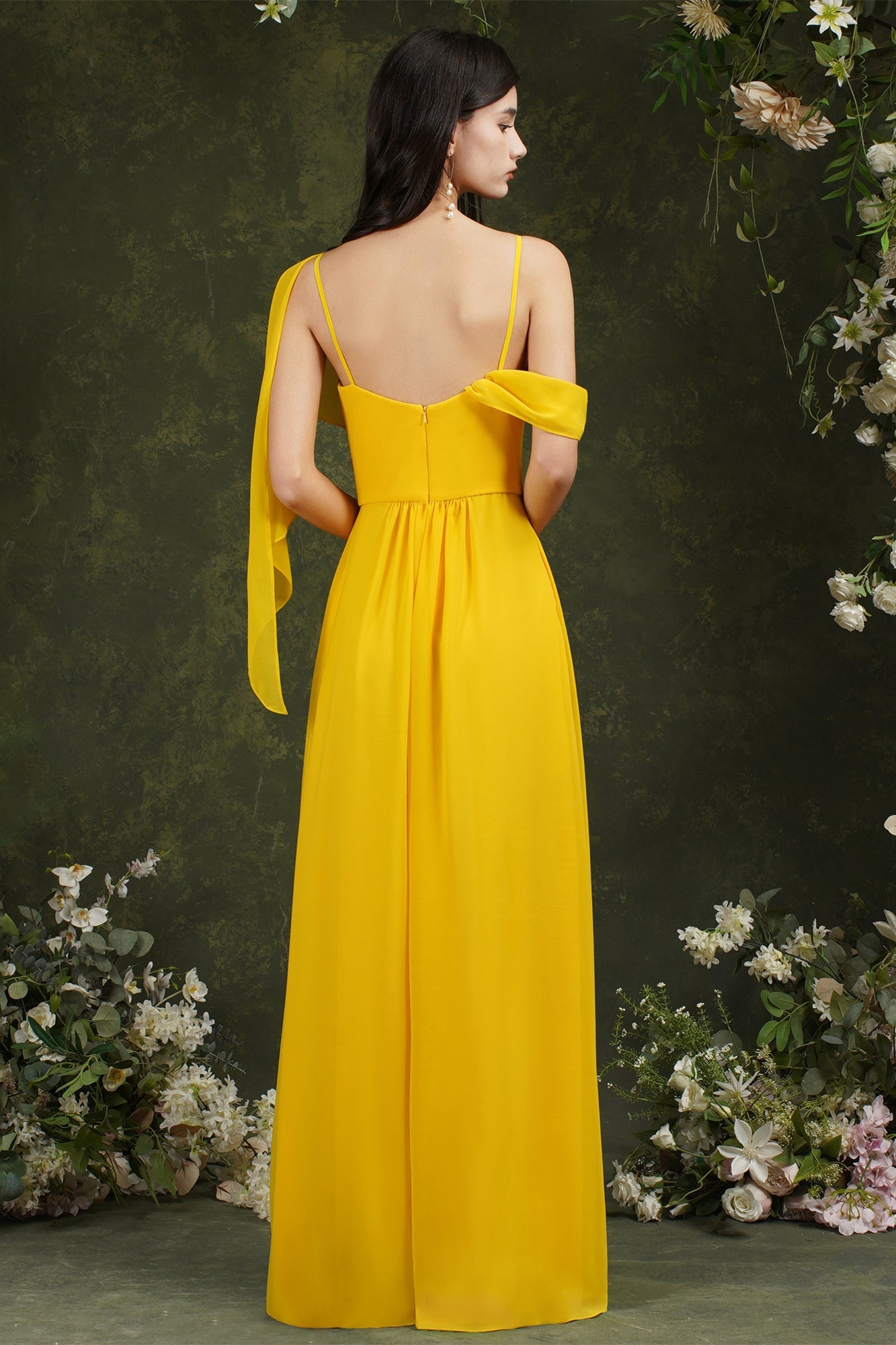 Elegant A-line Chiffon Ruffles Floor-length Split Bridesmaid Dress With Pockets-misshow.com