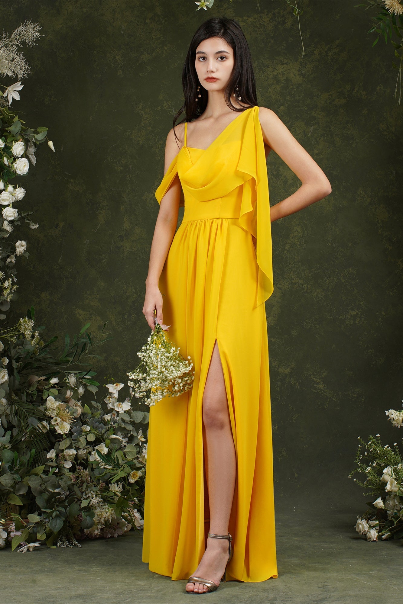 Elegant A-line Chiffon Ruffles Floor-length Split Bridesmaid Dress With Pockets-misshow.com