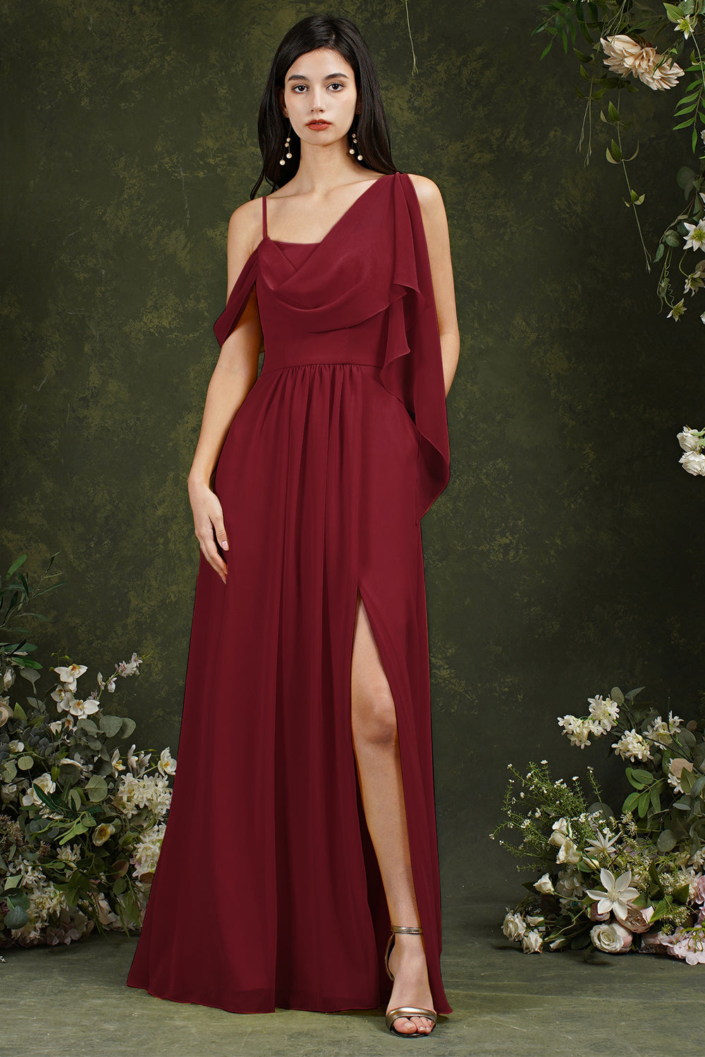 Elegant A-line Chiffon Ruffles Floor-length Split Bridesmaid Dress With Pockets-misshow.com
