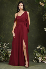 Elegant A-line Chiffon Ruffles Floor-length Split Bridesmaid Dress With Pockets-misshow.com