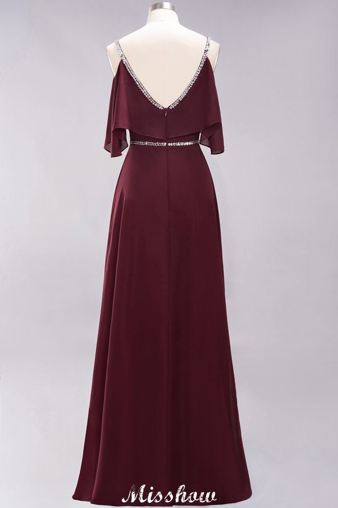 elegant A-line Chiffon V-Neck Spaghetti Straps Sleeveless Floor-Length Bridesmaid Dresses with Beading | MISSHOW elegant A-line Chiffon V-Neck Spaghetti Straps Sleeveless Floor-Length Bridesmaid Dresses with Beading | MISSHOW