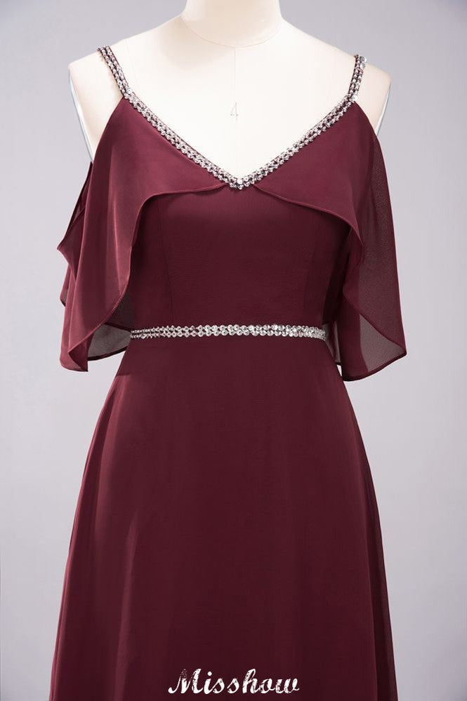Elegant A-Line Chiffon V-Neck Spaghetti Straps Sleeveless Floor-Length Bridesmaid Dresses with Beading | MisShow Elegant A-Line Chiffon V-Neck Spaghetti Straps Sleeveless Floor-Length Bridesmaid Dresses with Beading | MisShow