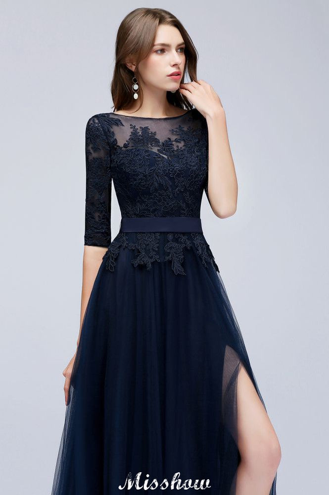 MISSHOW offers Elegant A-Line Half-Sleeves Lace Appliques Dark Navy Bridesmaid Dresses at a good price from Tulle to A-line Floor-length them. Lightweight yet affordable home,beach,swimming useBridesmaid Dresses.