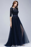 Elegant A-Line Half-Sleeves Lace Appliques Dark Navy Bridesmaid Dresses