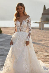 Elegant A-line Lace Appliques Wedding Dresses With Sleeves-misshow.com