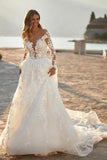 Elegant A-line Lace Appliques Wedding Dresses With Sleeves-misshow.com