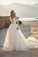 Elegant A-line Lace Appliques Wedding Dresses With Sleeves-misshow.com