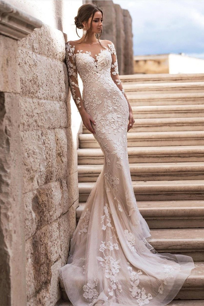Elegant A-Line Lace Long Sleeves Wedding Dress With Detachable Train-misshow.com