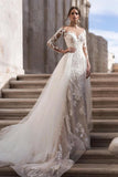 Elegant A-Line Lace Long Sleeves Wedding Dress With Detachable Train-misshow.com