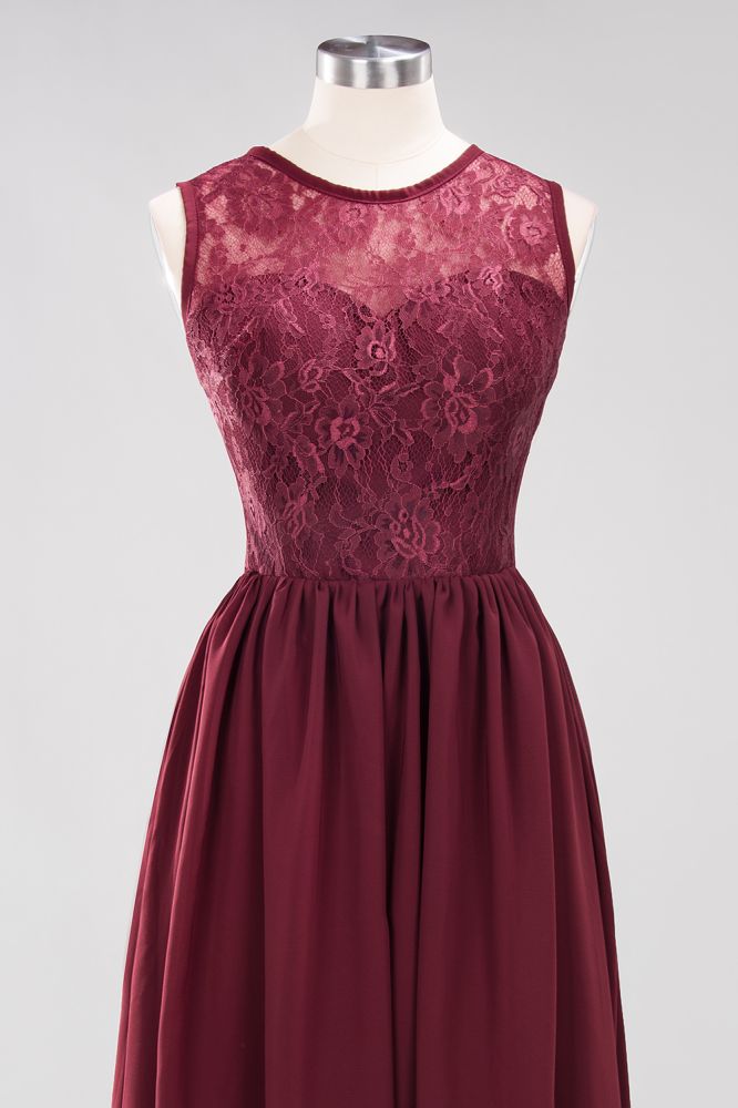 MISSHOW offers Elegant A-line Lace Sleeveless Bridesmaid Dresses Chiffon Jewel Ruffles Floor-Length Evening Dress with Appliques at a good price from Misshow